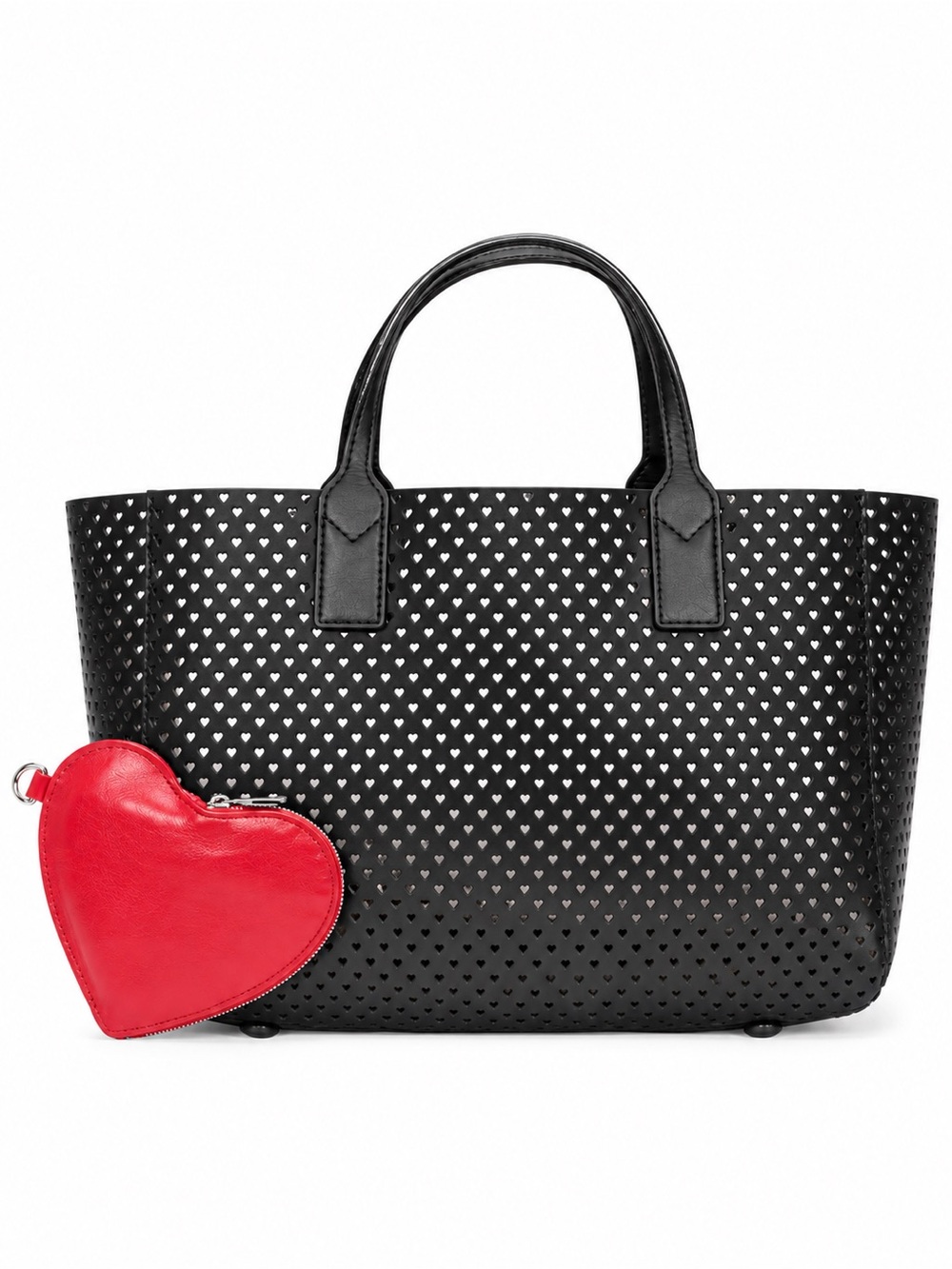 MZ Wallace Black Leather Heart Perforated Valentine's Tote + Heart Pouch